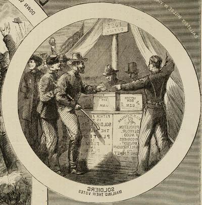 `Soldiers Mailing Their Votes.` [Detail from `Election-Day. 8th November.`] Engraving