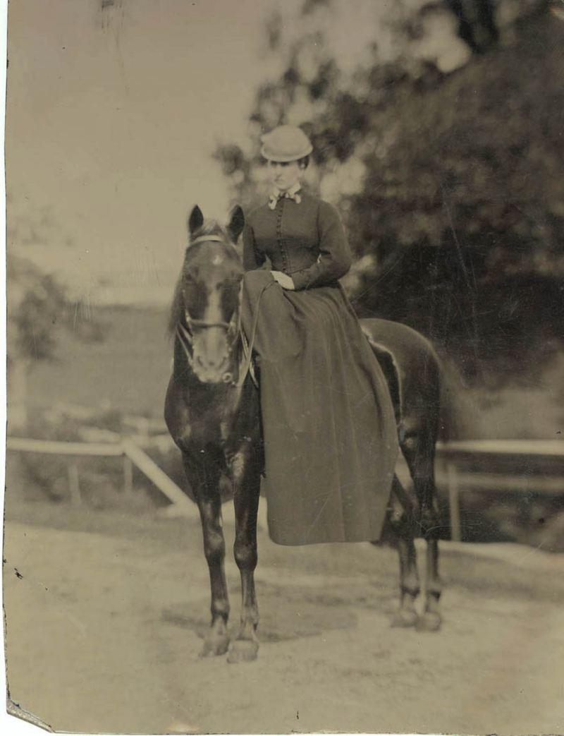 Tintype Adams, Marian Hooper (1843-1885) on horseback at Beverly Farms, Oct. 1869